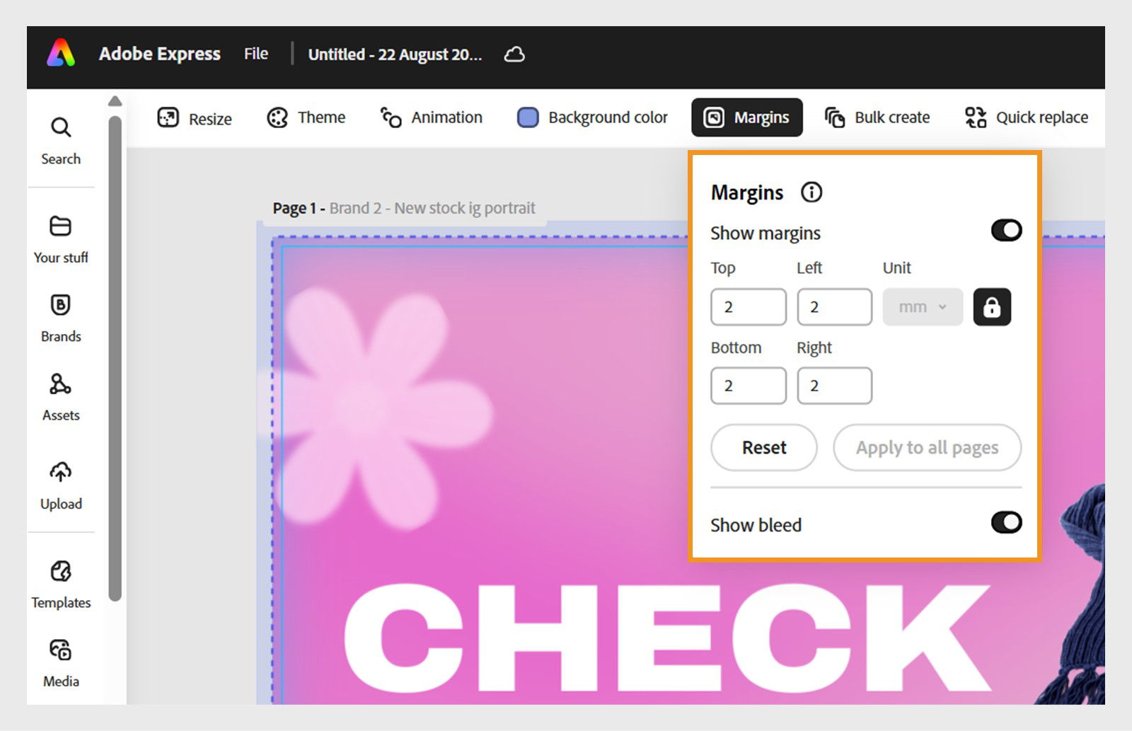 Adobe Express interface with a pink design and and margin settings panel showing 2 mm for top, bottom, left, and right.