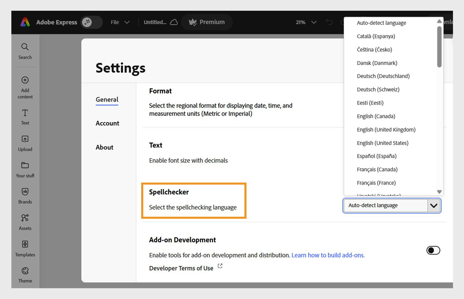 Settings menu open in Adobe Express and Spell checker dropdown open to show all languages.