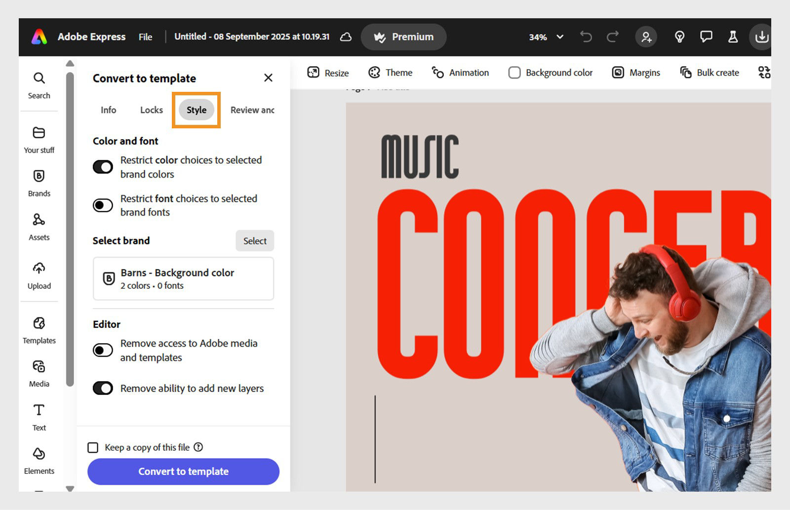 Un diseño de concierto musical está abierto en el editor de Adobe Express con la pestaña Estilo seleccionada en el panel Convertir a plantilla, mostrando opciones para restringir la configuración de color, fuente y editor.