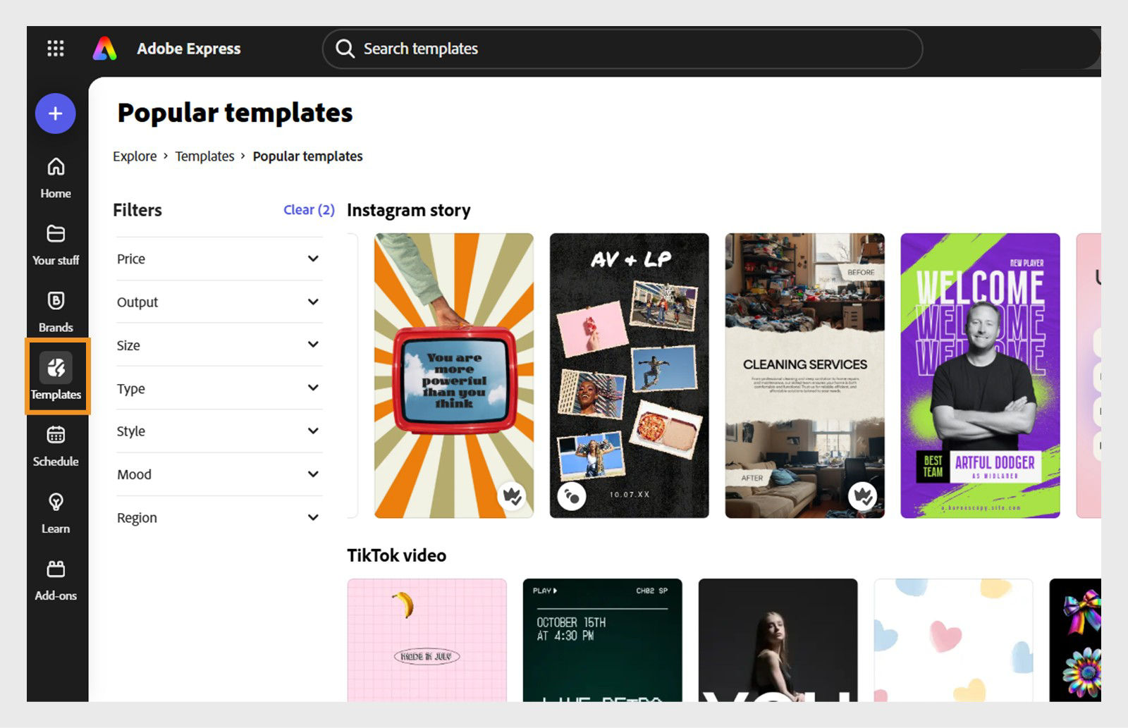 Adobe Express 介面帶有 Instagram 和 TikTok 的範本縮圖；左側面板顯示價格、類型、風格、心情等篩選器。