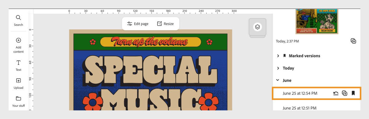 The Adobe Express editor shows a design. The Version history panel is open on the right, displaying saved versions with timestamps and an icon highlighted for creating, restoring or bookmarking a version.