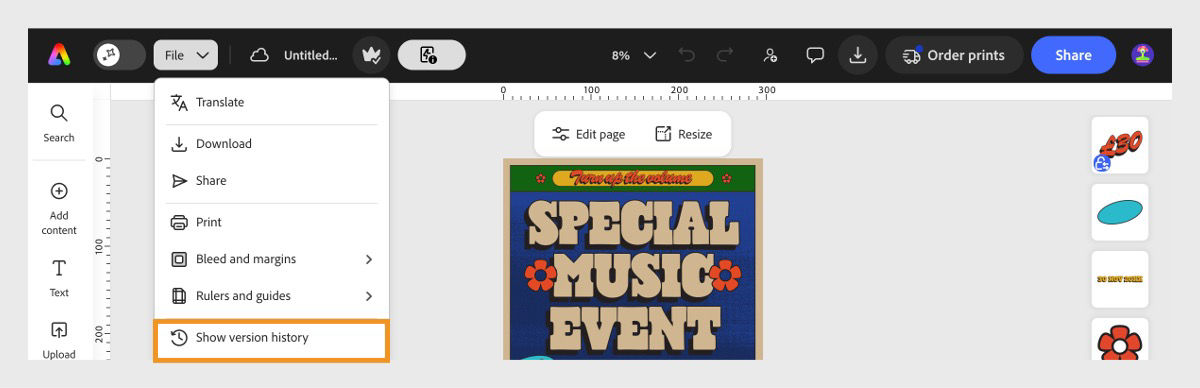 A design open in the Adobe Express editor with the File menu open and Show version history option highlighted.