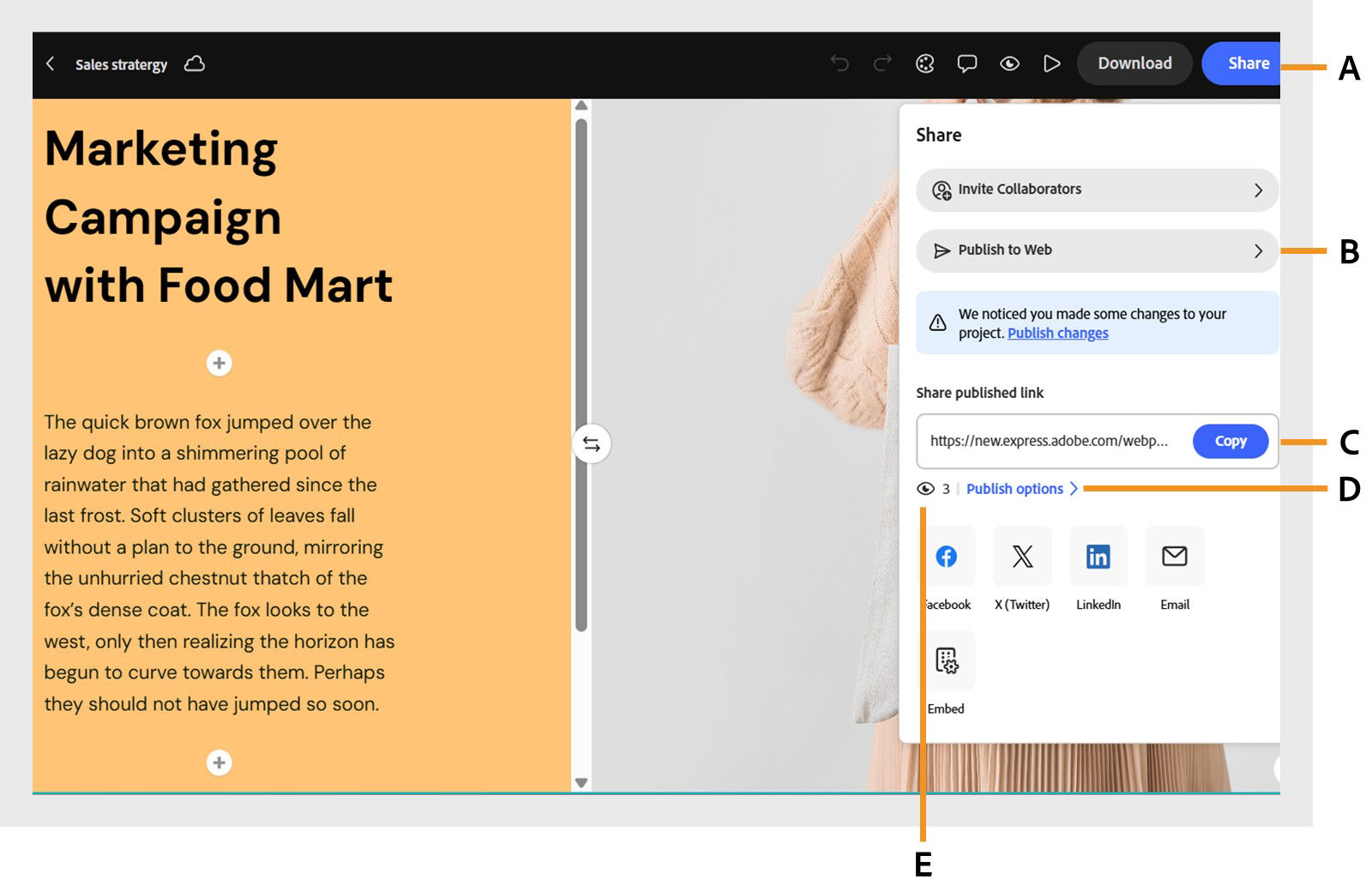 Adobe Express webpage editor open with the Share panel open showing the options to Copy link for sharing and other publishing options.