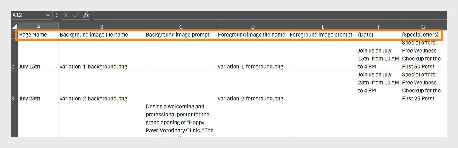 an excel file with row and columns set up to describe the variation of a design.