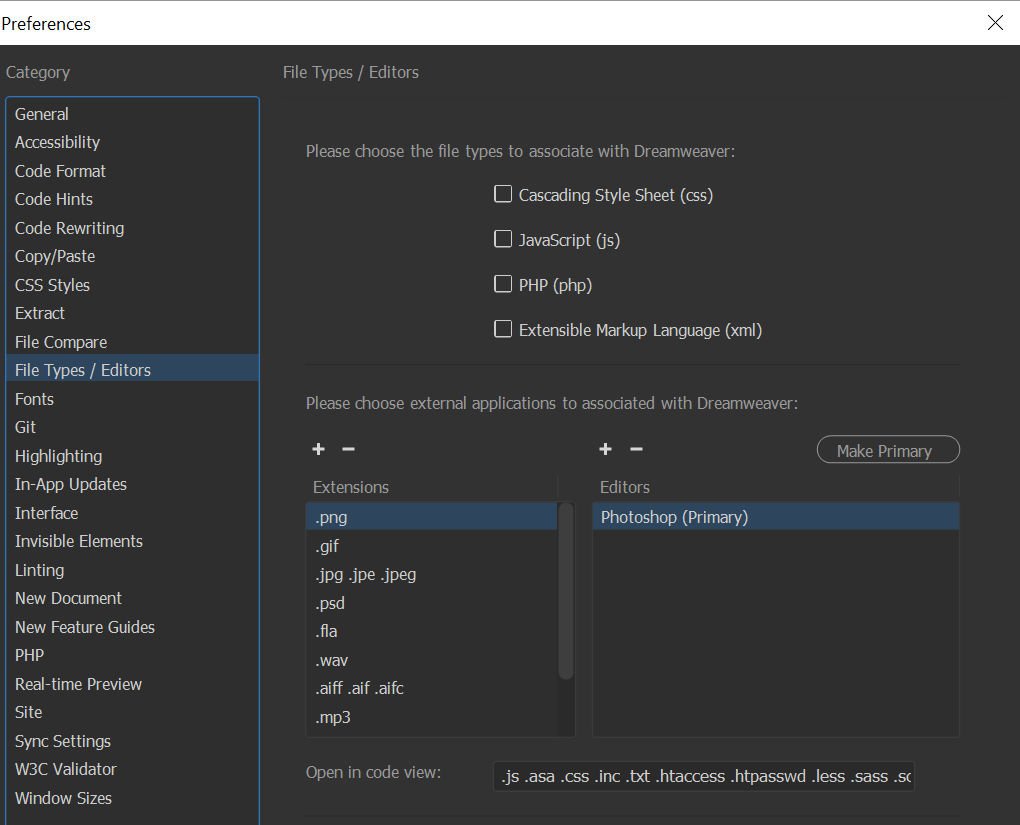 Set external editor for specific file types