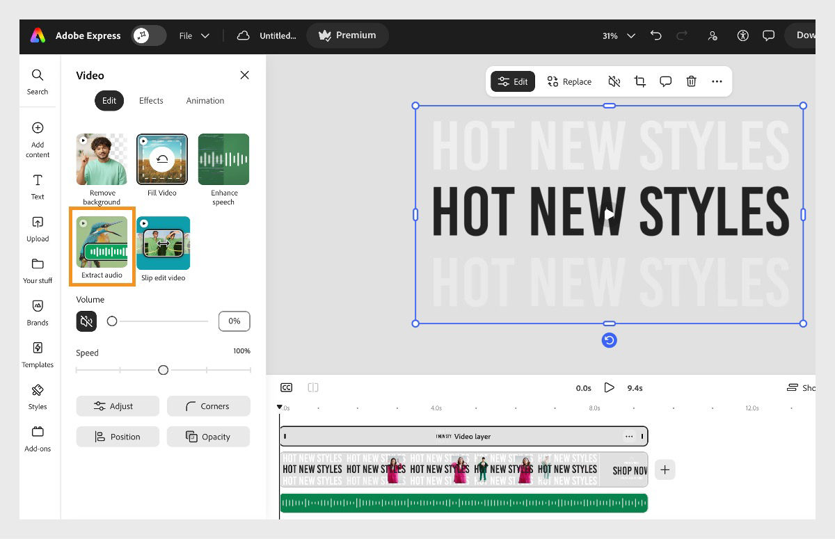 Audio panel in Adobe Express showing the Extract audio option for a selected video.