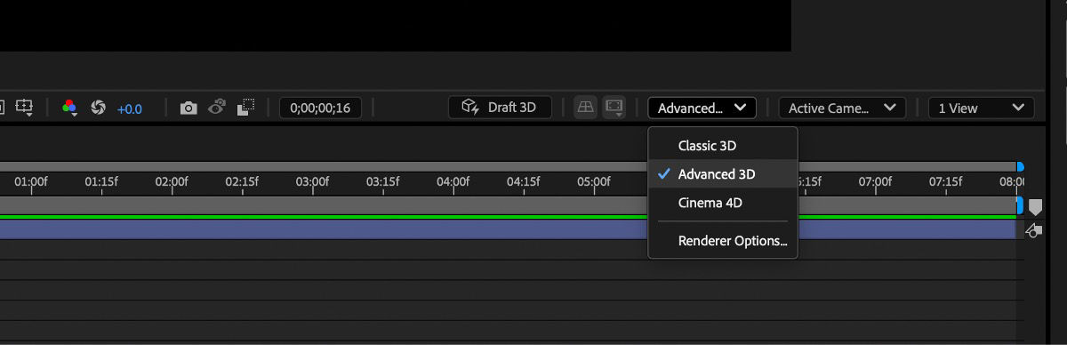 Renderer dropdown menu open with Advanced 3D selected, showing Classic 3D and Cinema 4D options.