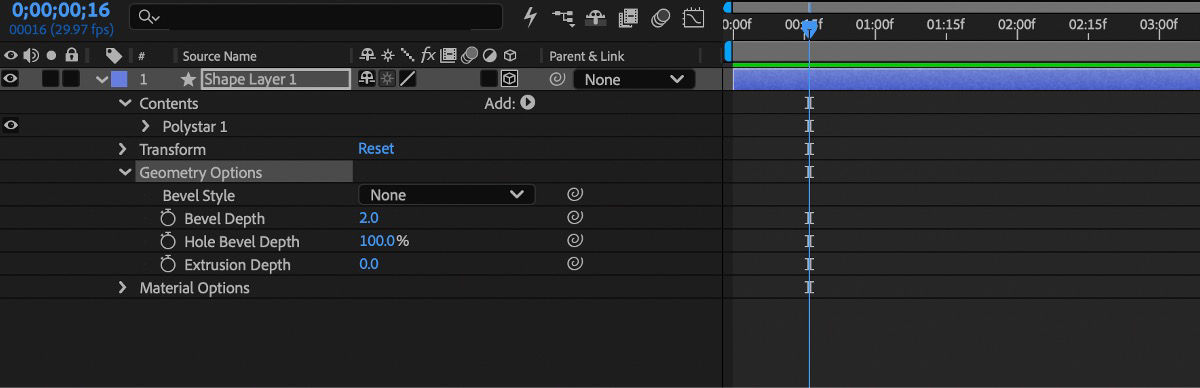 Geometry Options for a shape layer showing Bevel Style, Bevel Depth, Hole Bevel Depth, and Extrusion Depth properties.