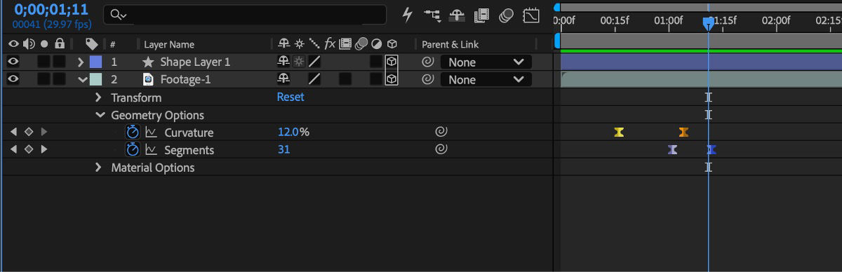 Geometry Options for a footage layer showing keyframed Curvature and Segments properties in the timeline.