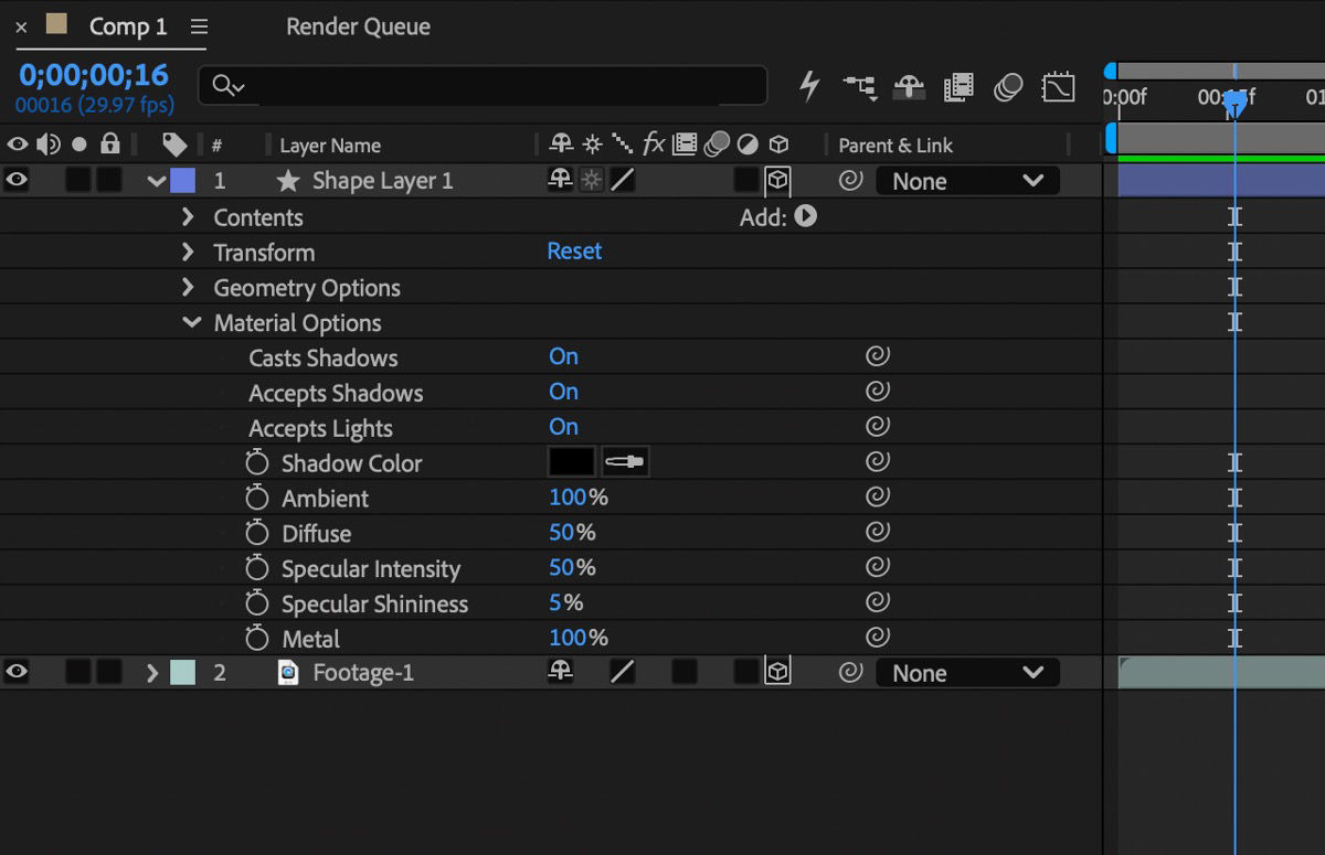 Material Options for a shape layer showing Ambient, Diffuse, Specular, and Metal properties.
