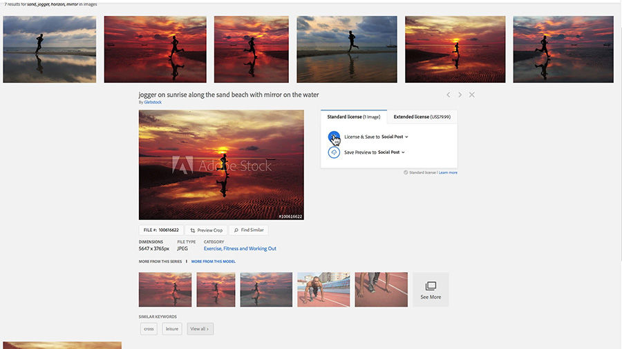 Adobe Stock displays photos of individuals jogging at sunrise on beaches. 