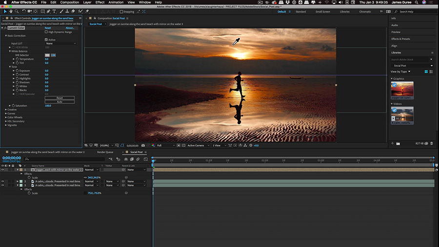 After Effect Lumetri Color controls are used to change the bright orange sunrise to more muted blue, gray, and orange tones.