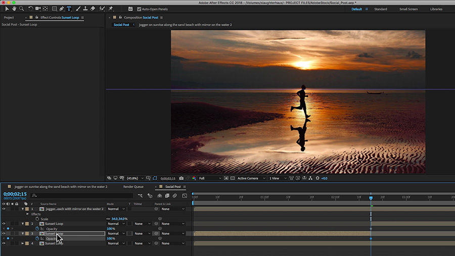 The color corrected video of the man jogging on the beach is looped for continuous playback.