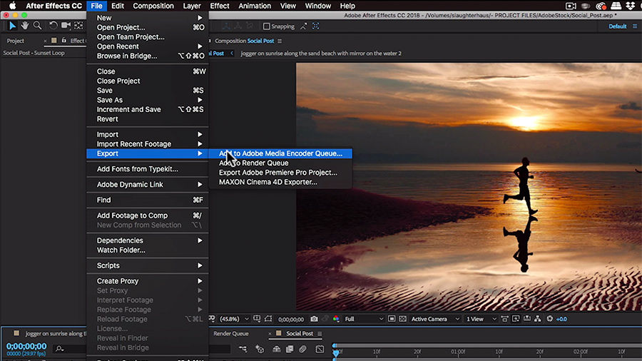 The color corrected video of the man jogging on the beach is exported to Adobe Media Encoder for sharing on Facebook.