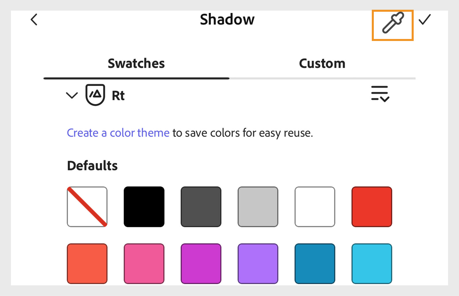 Color swatches for selecting a shadow color in Adobe Express, with the eyedropper tool highlighted in the top right.