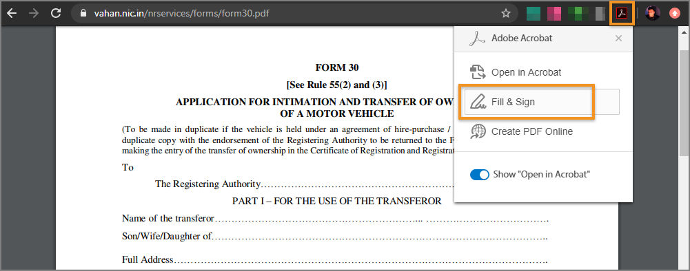 Fill & Sign option from the Acrobat menu