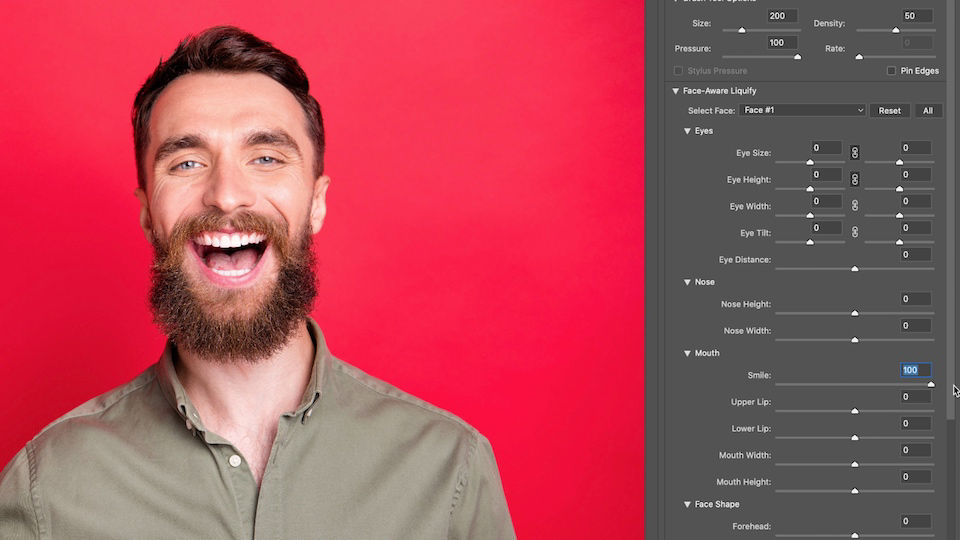 Face-Aware Liquify settings with Mouth option set to 100 appears next to artwork of a man with a wide smile on a red background