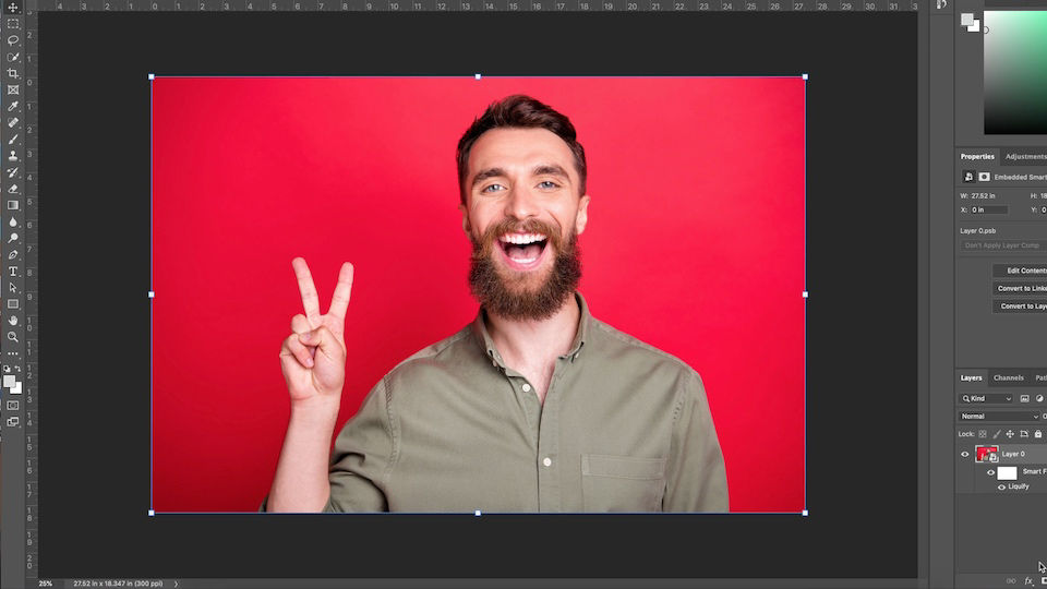 Artwork of a man smiling widely against a red background after making adjustments with the Face tool