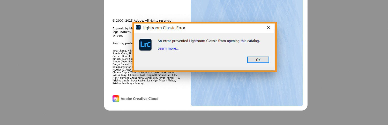 A dialog box with the Lightroom classic error is displayed over thehome screen.