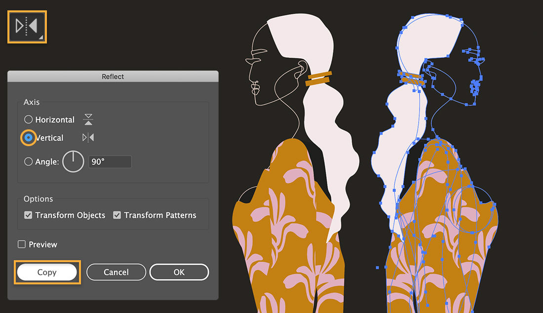Vertical Reflect tool shows upper left, the Reflect dialog shows Copy selected, canvas shows 2 versions of the drawing