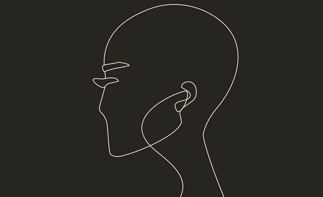 Off-white outline drawing of a head against an almost black background