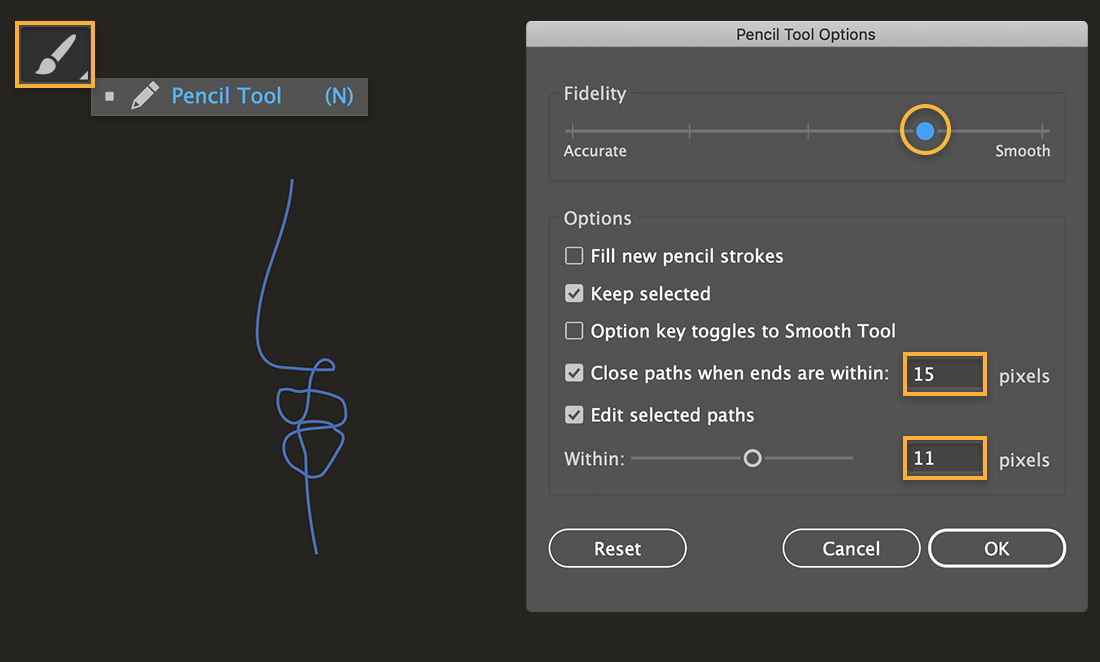 Pencil tool shows in upper left; shape of nose and mouth is on the canvas; Pencil tool options dialog on the right