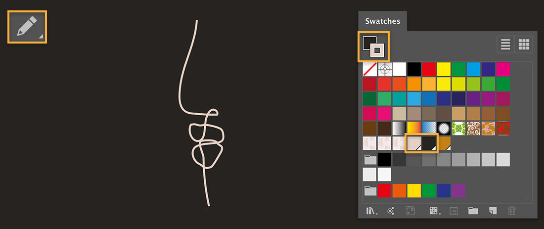 Pencil tool is upper left; outline of nose is off-white; Swatches panel shows fill set to black and stroke is off-white