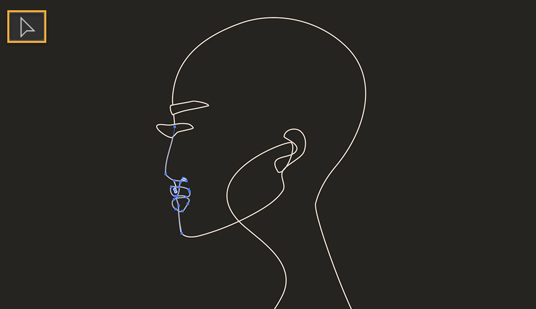 Direct Selection tool is upper left; anchor points are on the outline of the mouth and nose which has been added to the head