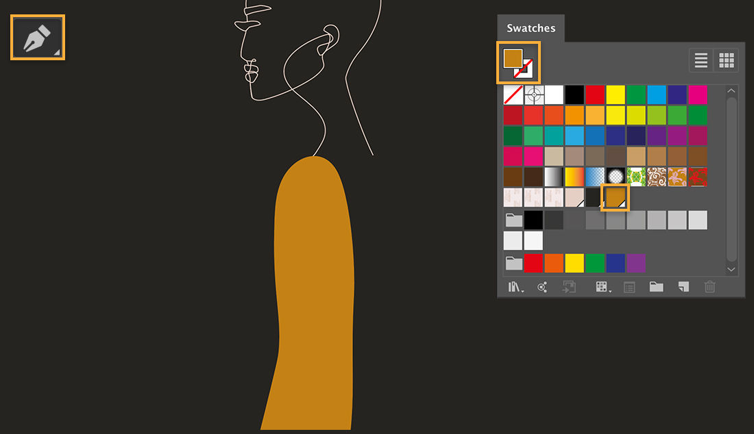 Pen tool is upper left, an ochre-colored sleeve has been drawn on the model, Swatches panel shows the color used 