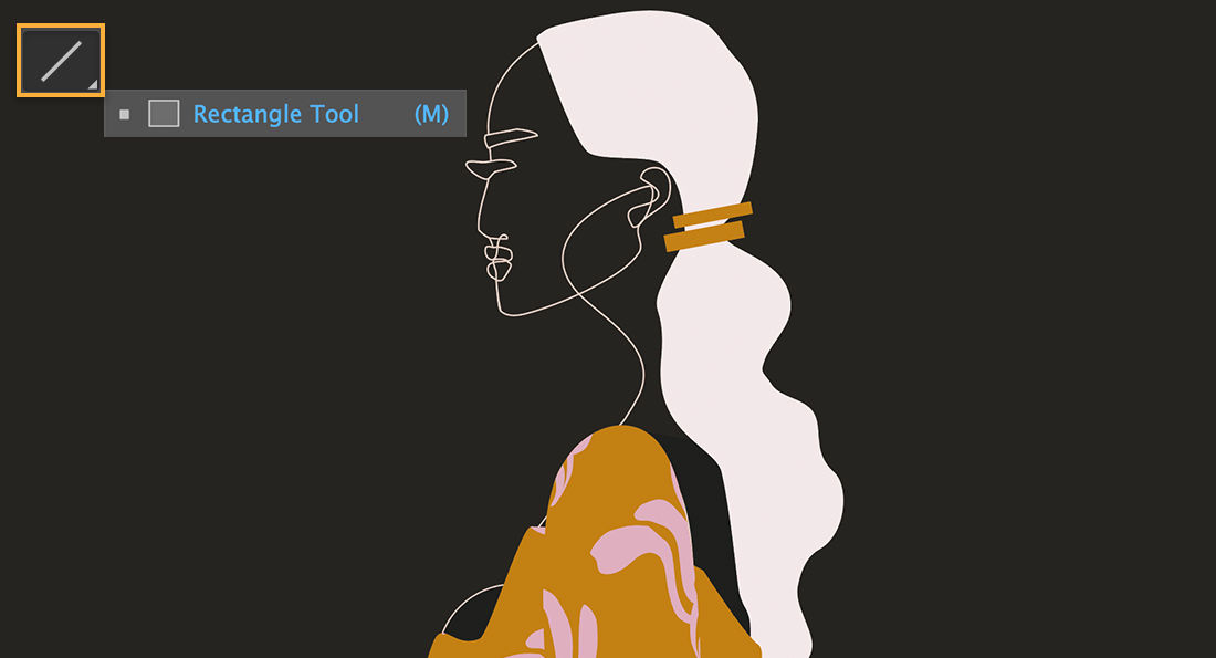 Line tool with Rectangle sub-tool selected in upper left, model has a long, off-white ponytail and 2 rectangle hair ties