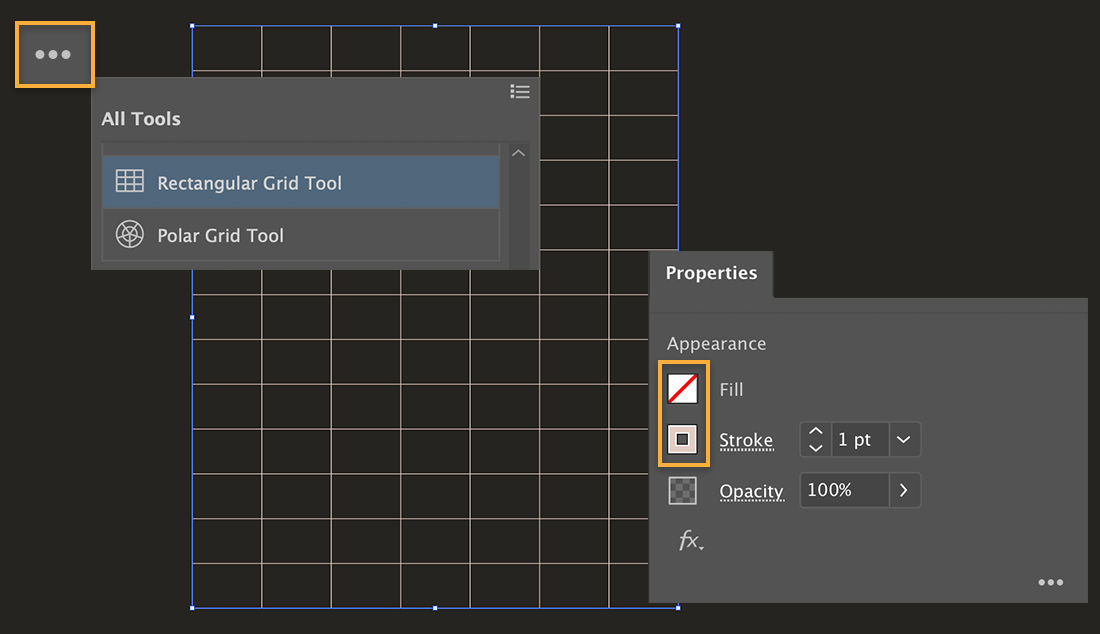 All tools icon shows upper left with the Rectangular Grid Tool selected, a tan-colored grid displays on the black background