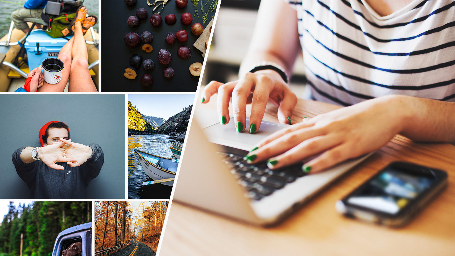 Left: Multiple images in Lightroom are automatically tagged with keywords. Right: Woman typing on a laptop.