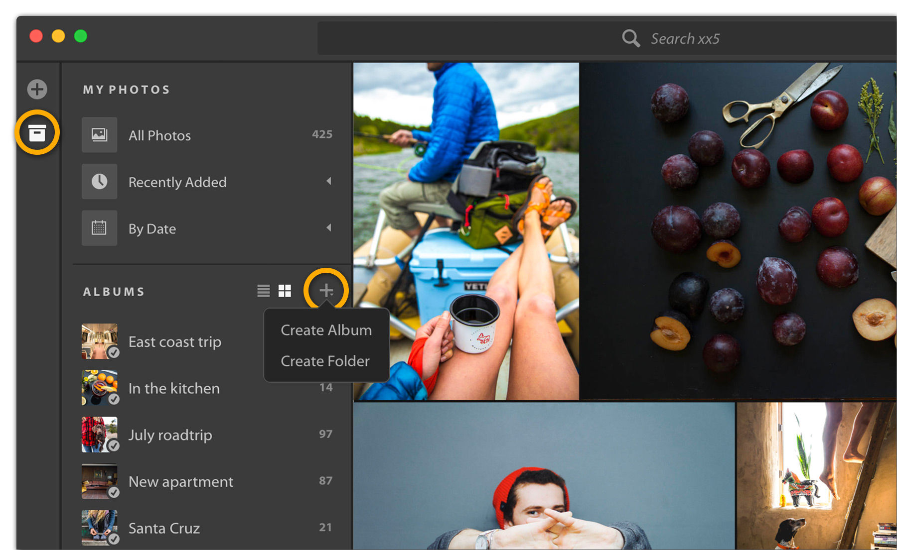 File box icon is highlighted to access photo panel. Click the + button to add photos to Lightroom and sync to Creative Cloud 