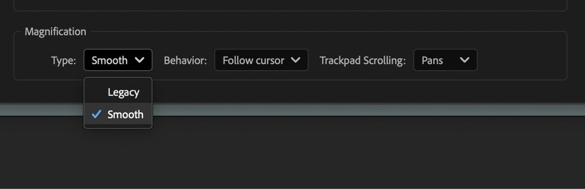 The Preferences dialog box is open. In the Preview tab, under the Magnification section, the Smooth option is highlighted for the Type setting.