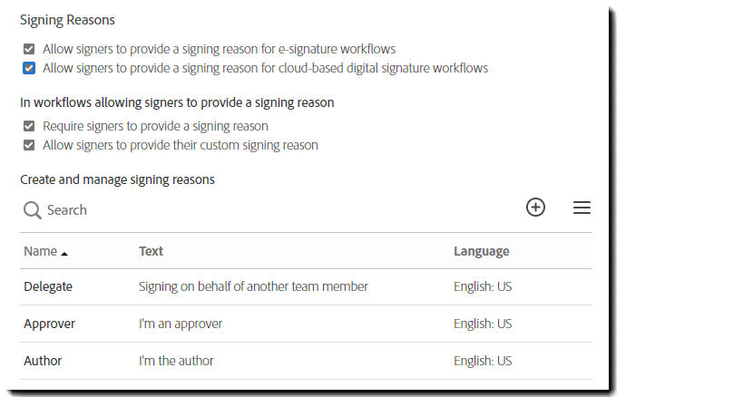 Signing reason configurable options