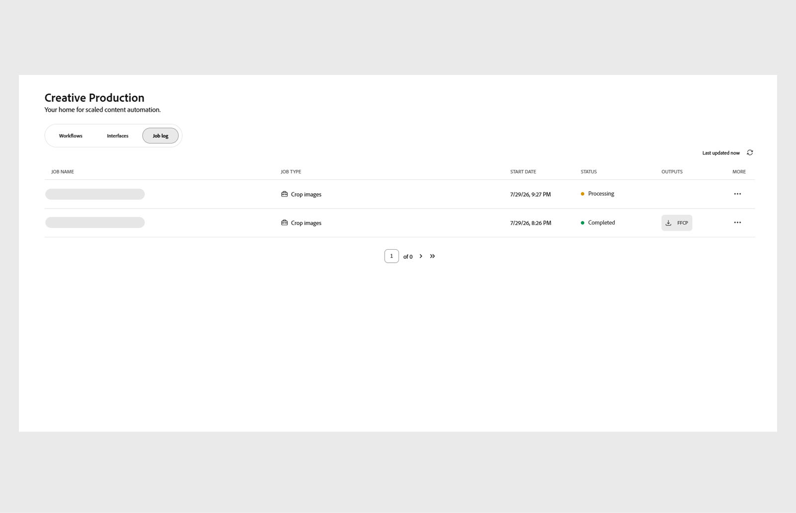 The Job log tab on the Creative Production home page showing the status of two jobs.