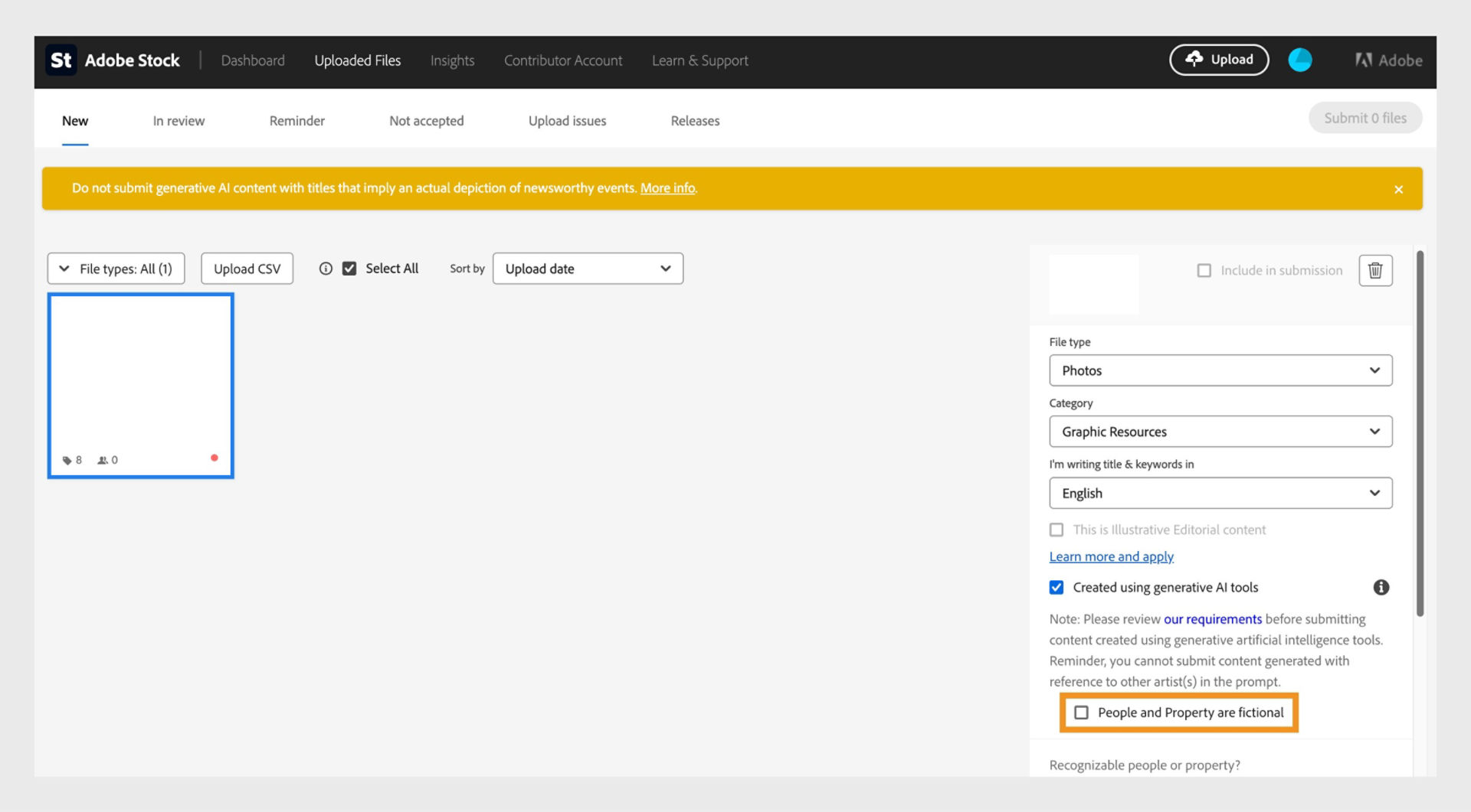 Screenshot of Adobe Stock Contributor Metadata panel showing the option People and Property are fictional selected for content created using generative AI tools.