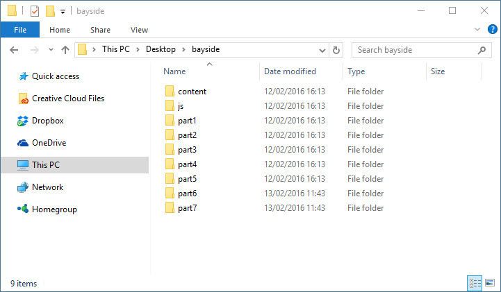 Nine folders appear in Windows Explorer after extraction from a ZIP file.