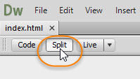 Split button is selected to reveal the underlying code in part of the Document window.
