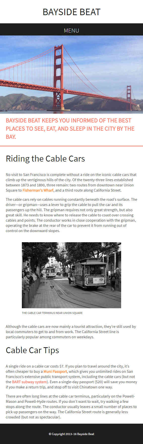 The Bayside Beat website in single-column layout displayed on a mobile phone.