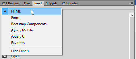HTML is selected under Insert panel