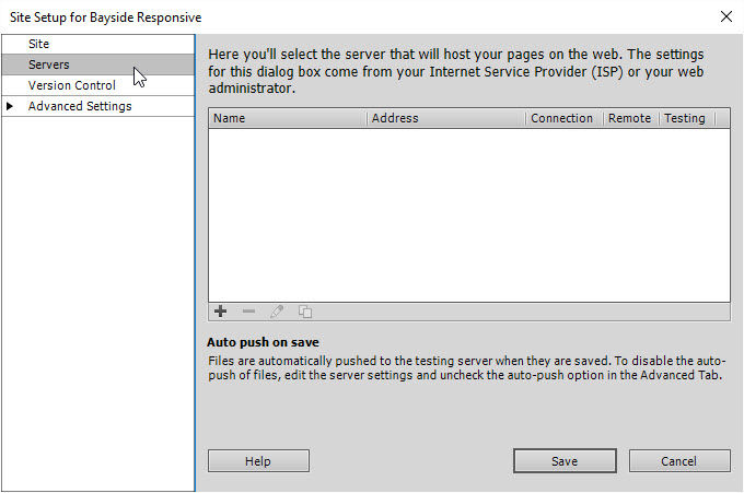 The Servers panel in the Site Setup dialog box