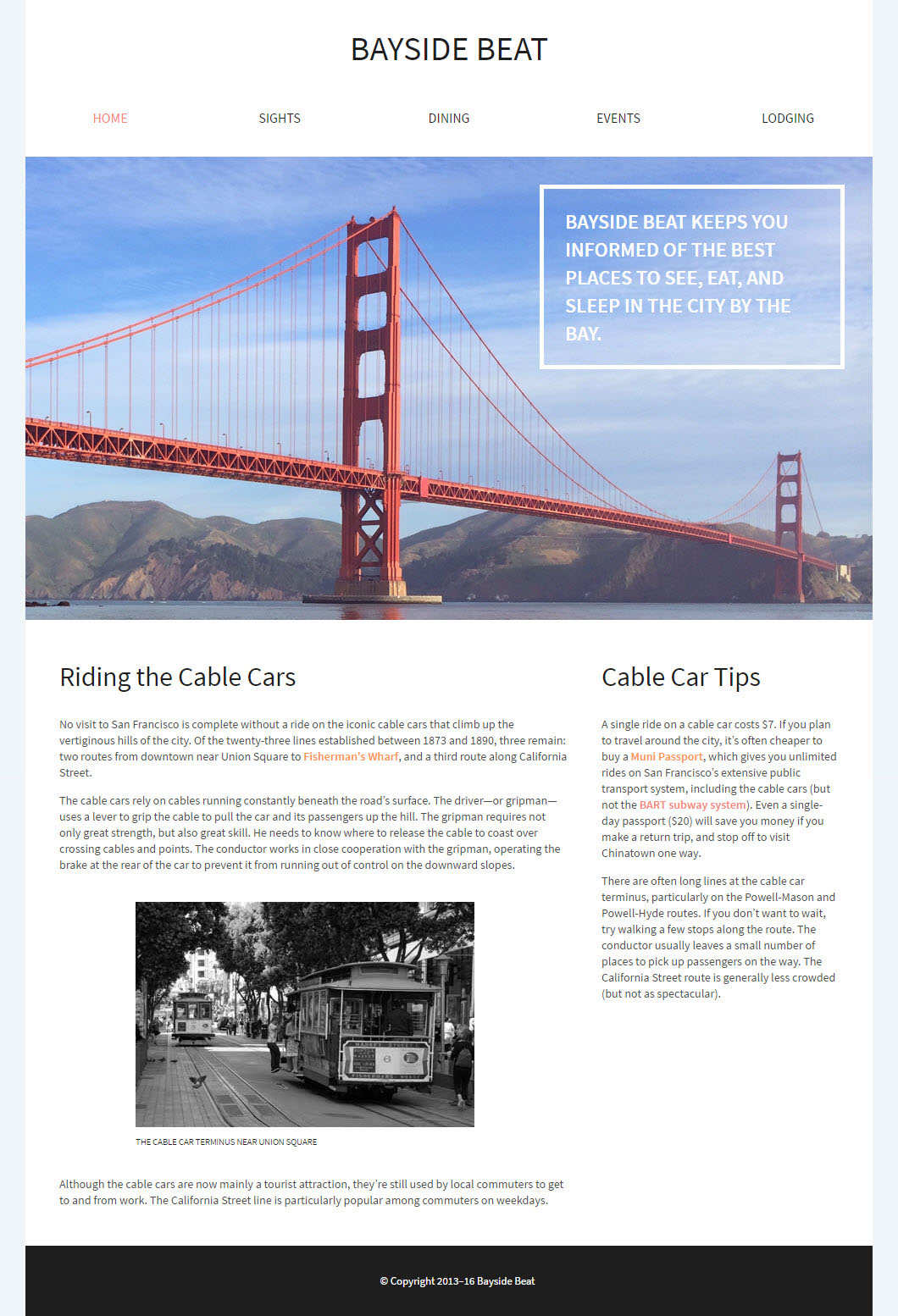 The finished Bayside Beat website in two-column layout.