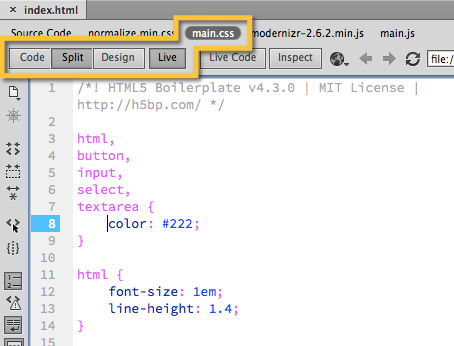 Figure 3. The main.css file selected in the Document Toolbar while in Split View with Live View enabled