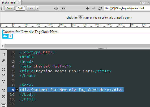 The <div> element is added with placeholder text and identified in Live View by the Element Display tab.