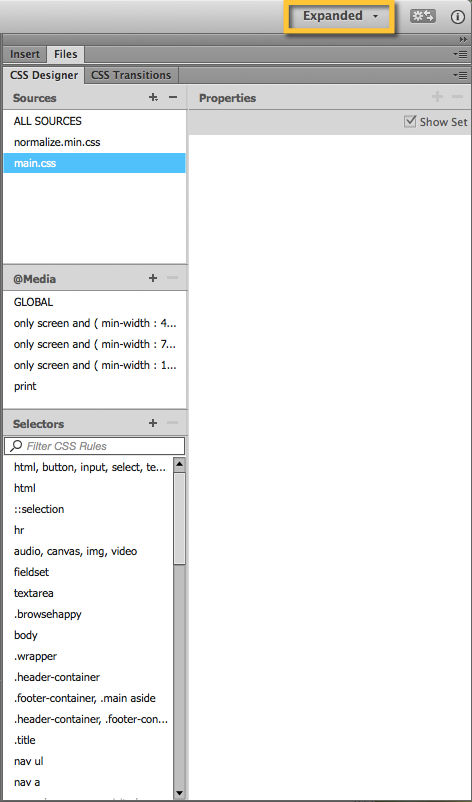 Figure 4. CSS Designer in Expanded view