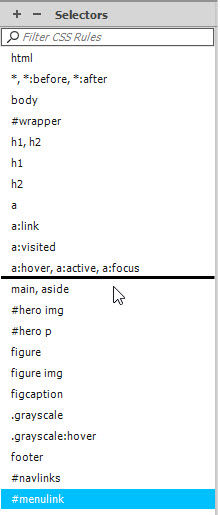 Style rules are reorganized by dragging and dropping selectors in the CSS Designer.