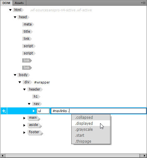 The DOM panel has code hints for IDs and classes defined in the style sheet.