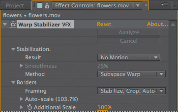 Effect Controls panel shows Warp Stabilizer VFX options. Stabilization > No Motion is selected.