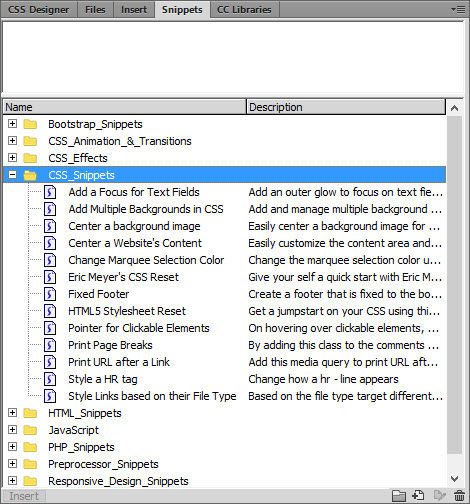 The Snippets panel contains a selection of reusable code snippets.